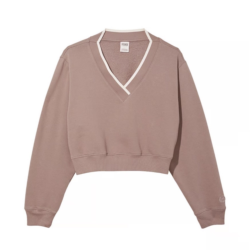 VS Pink Premium Fleece V-Neck Pullover large Iced Coffee color tan cropped